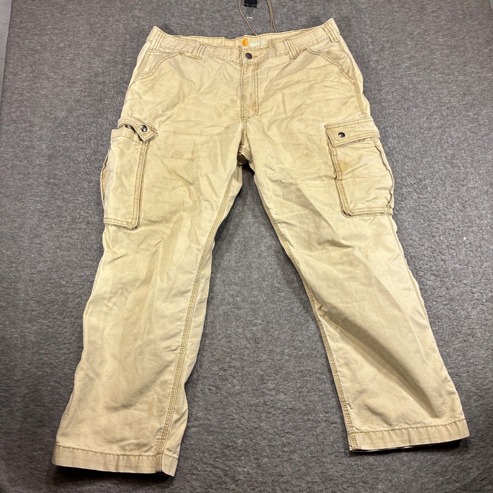 Carhartt Cargo Pants Men 38x30 Tan Distressed Relaxed Fit Cotton Canvas Workwear